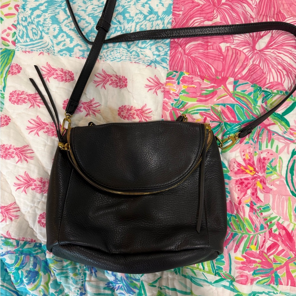 Hobo Black Leather Fern Foldover Messenger Crossbody Bag